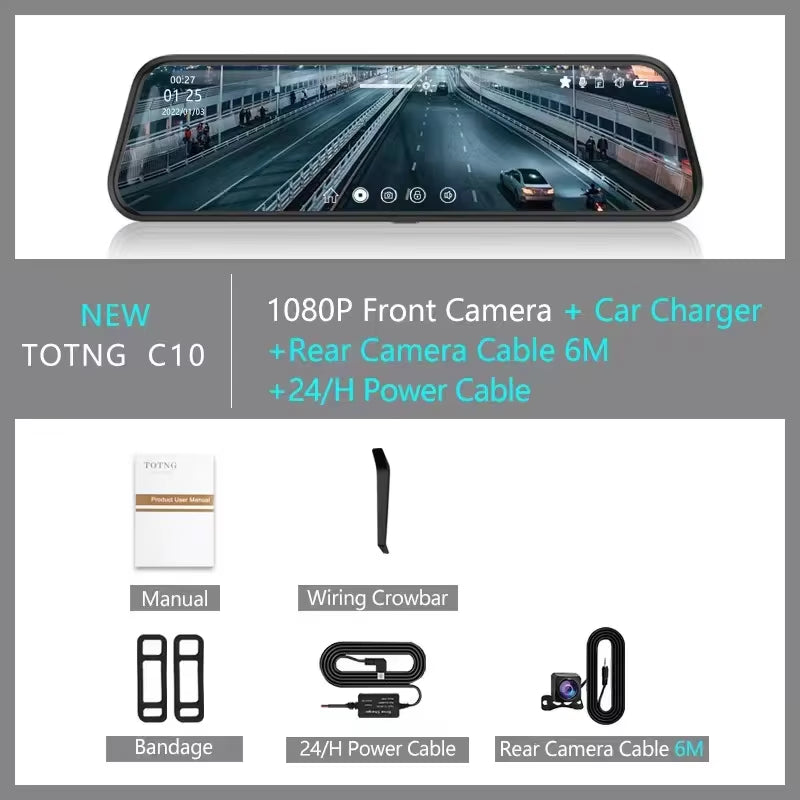 10-Inch for Car Touch Screen Video Recorder Rearview Mirror Dash Cam Front and Rear Camera Mirror DVR （Rear Camera Optional）