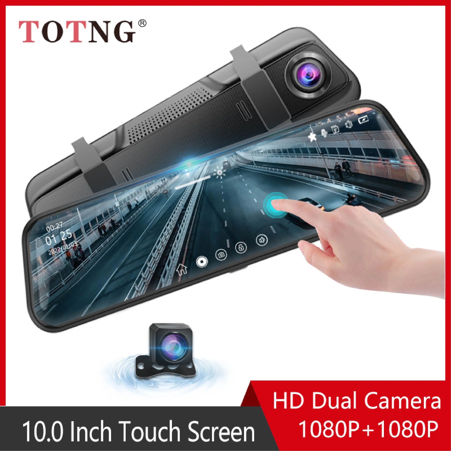 10-Inch for Car Touch Screen Video Recorder Rearview Mirror Dash Cam Front and Rear Camera Mirror DVR （Rear Camera Optional）