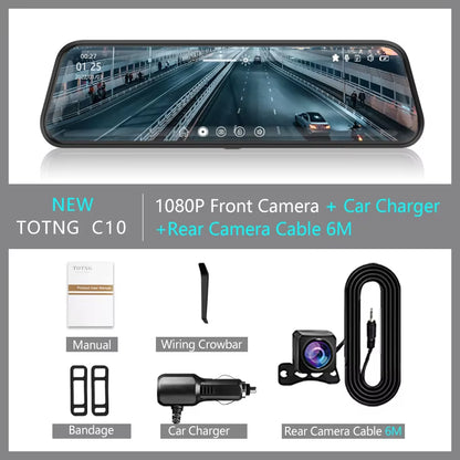 10-Inch for Car Touch Screen Video Recorder Rearview Mirror Dash Cam Front and Rear Camera Mirror DVR （Rear Camera Optional）