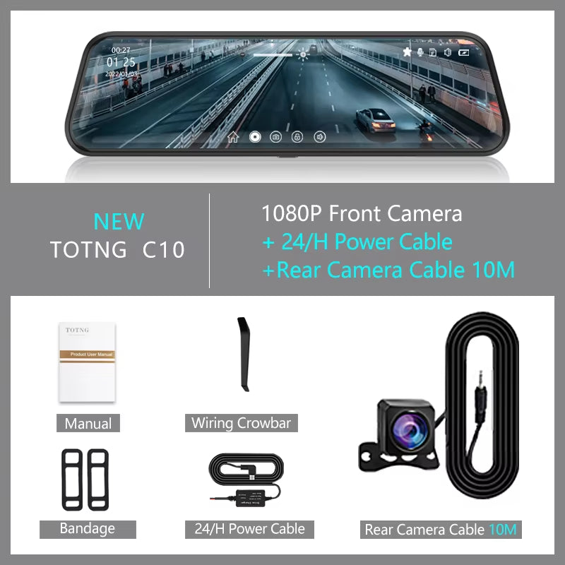 10-Inch for Car Touch Screen Video Recorder Rearview Mirror Dash Cam Front and Rear Camera Mirror DVR （Rear Camera Optional）